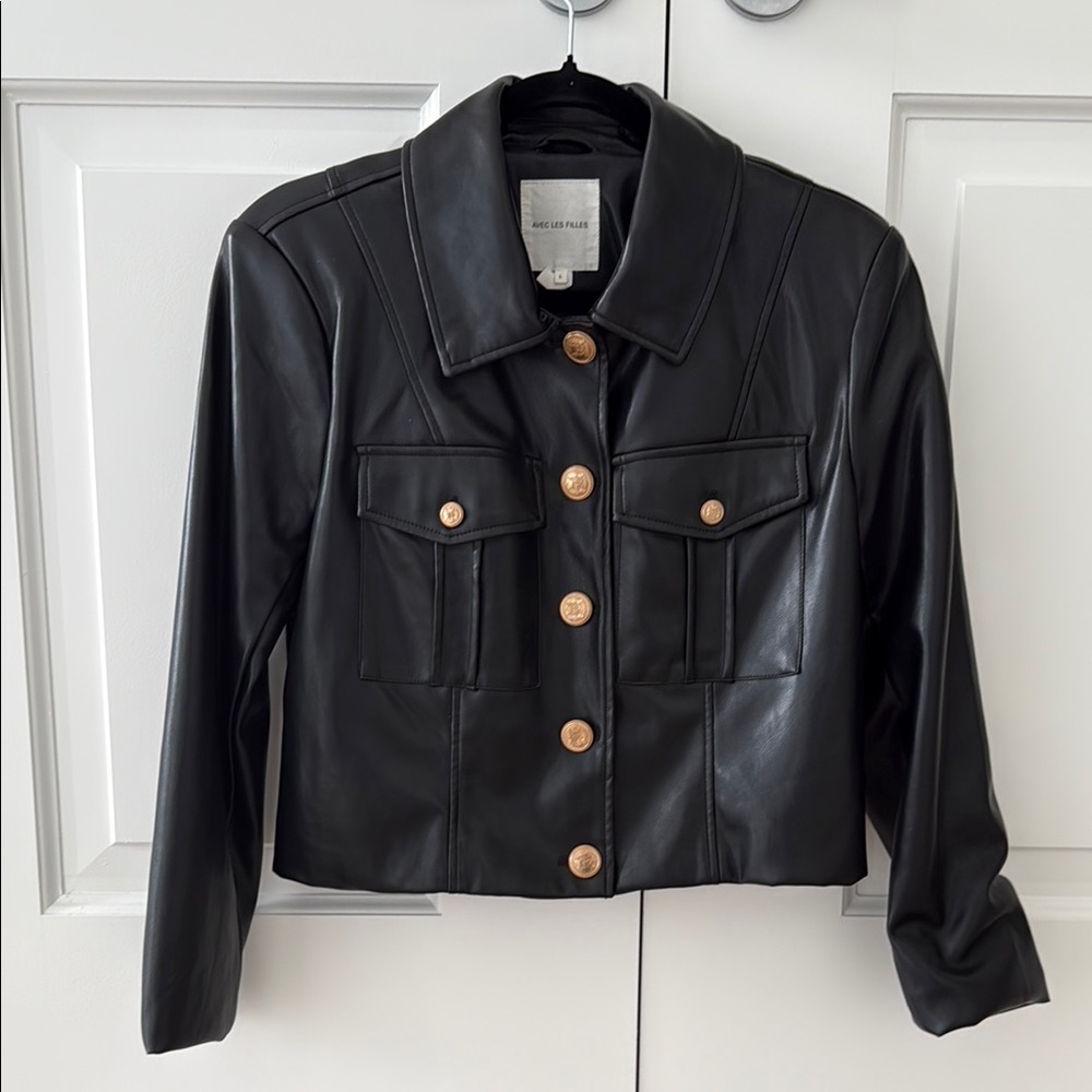 Avec Les Filles Black and Gold Leather Jacket Cropped Fitted